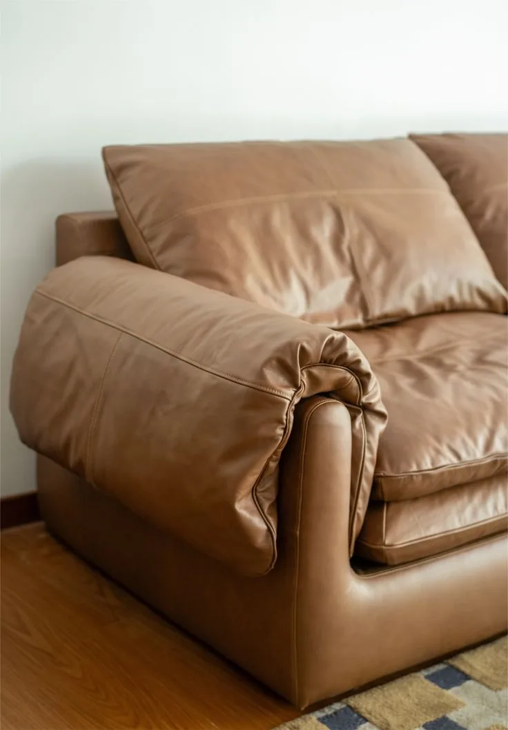 Dull, darkened brown leather sofa before restoration